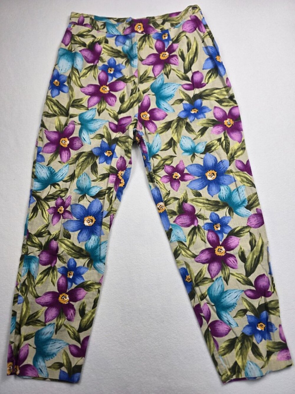 Vintage Enchante Size 13 Large Floral Print Linen & Cotton Pants